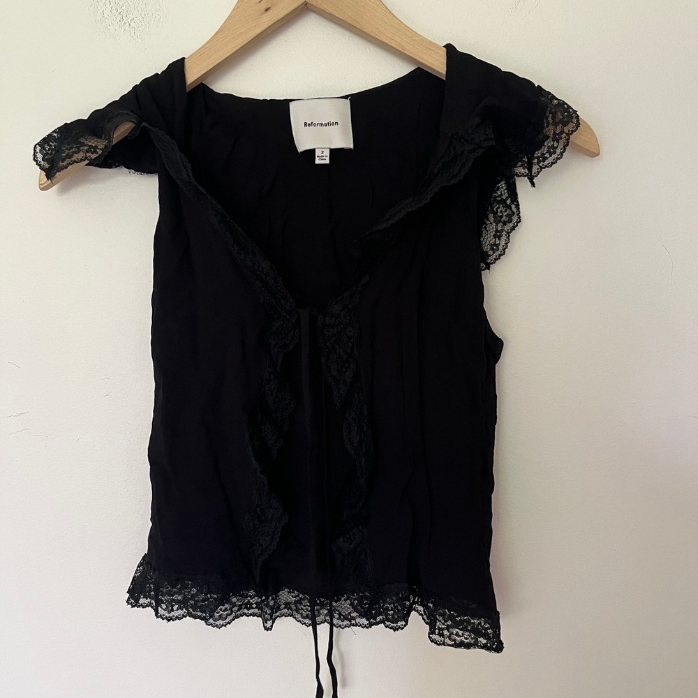 Reformation Black Lace Trim Tie Front Cropped Ruffle Blouse Top Mens Size 2 - Picture 7 of 12